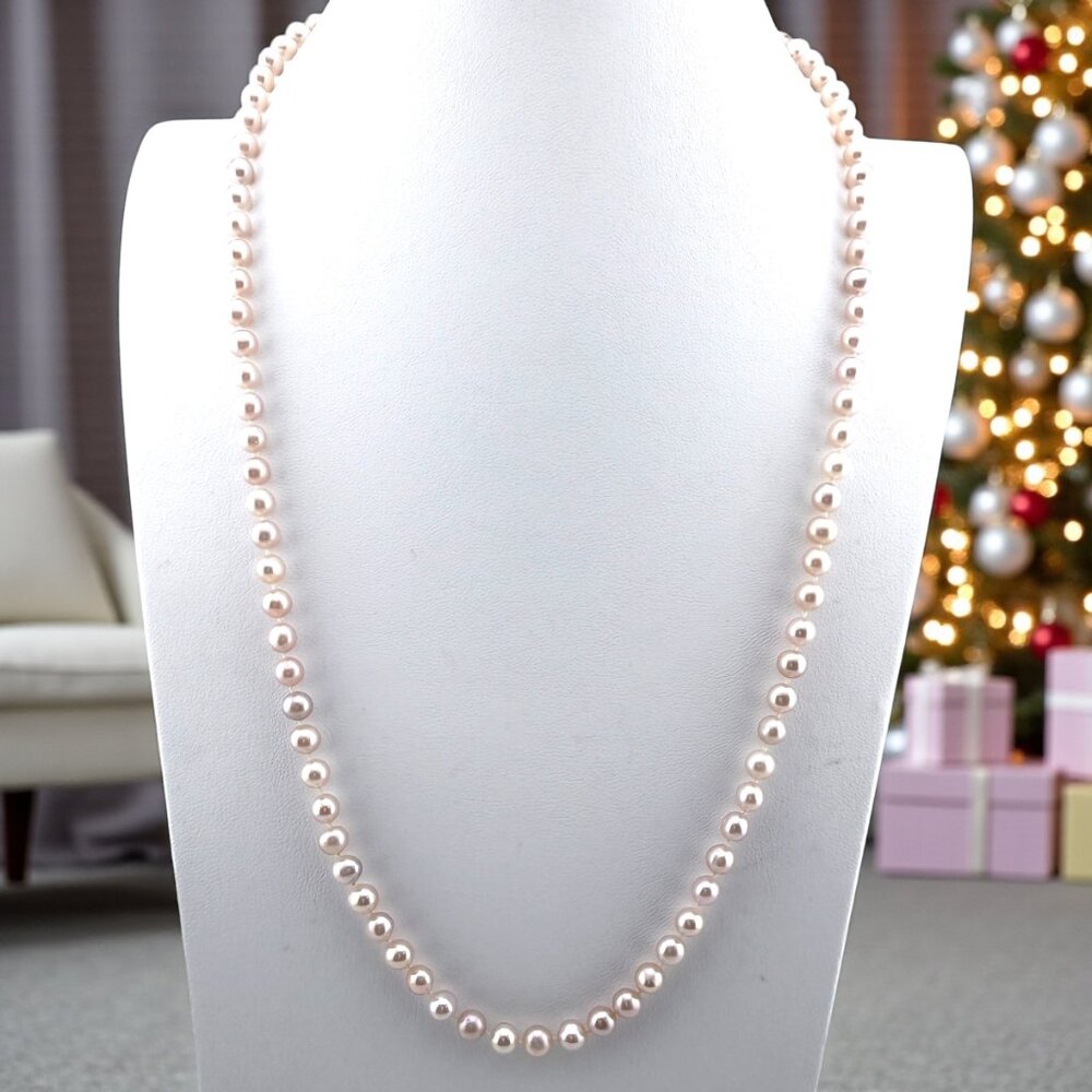 Vintage Blush Pearl Necklace • 14K Gold Filigree Clasp, 24" Strand